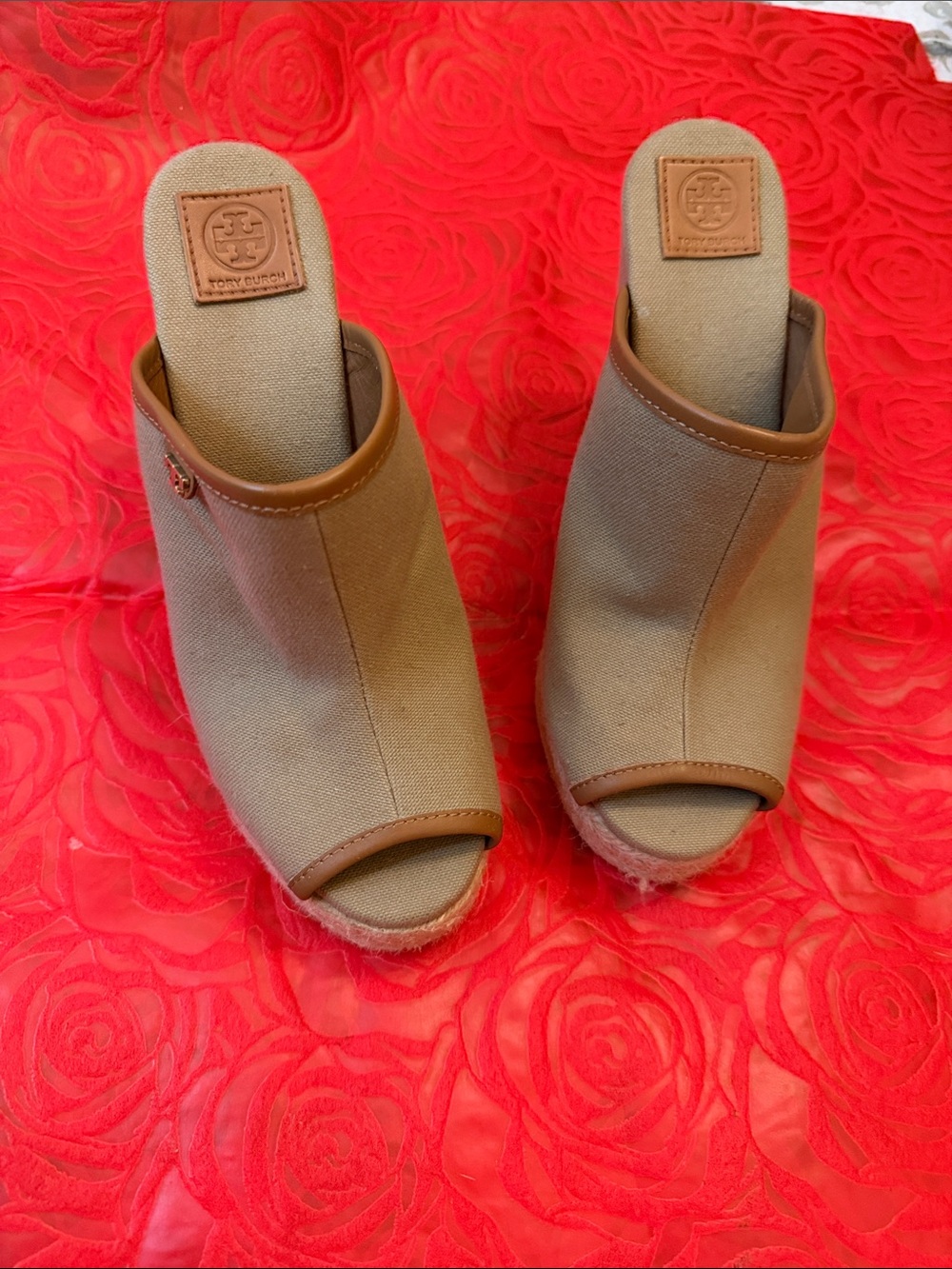 Tory Burch Beige Canvas Open-Toe Espadrille Wedges